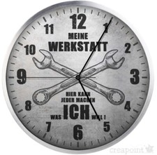 #567 Funk-Wanduhr Alu XL 31cm » MEINE WERKSTATT «   leises Uhrwerk Geschenk XXL