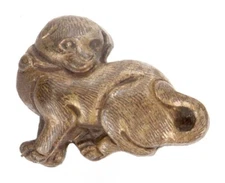 Antique Japanese Single Menuki Puppy w/ Collar Inu Samurai Sword Fitting Japan