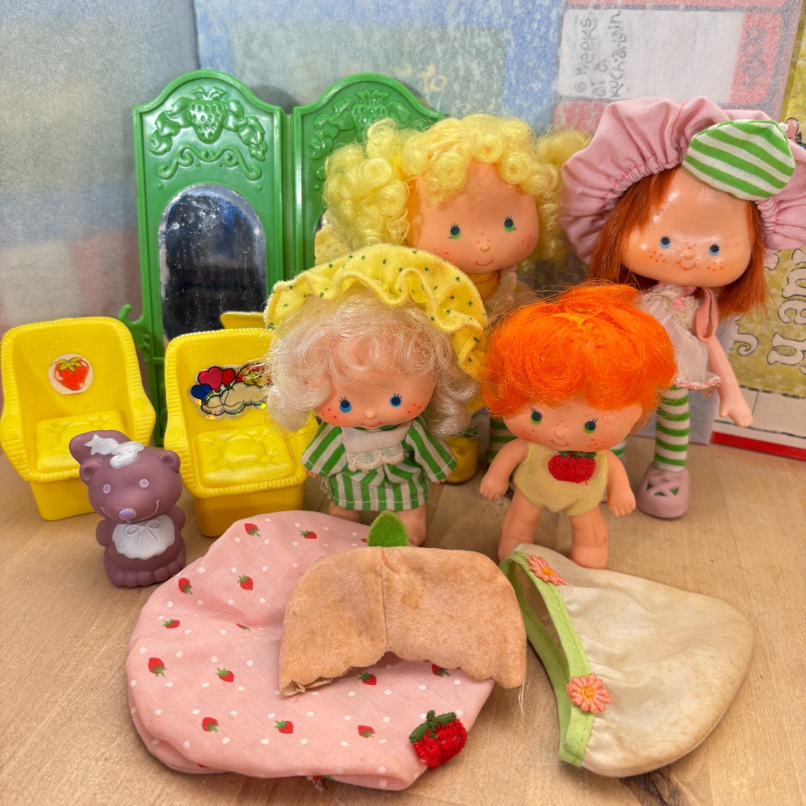 Lot 4 Vtg Strawberry Shortcake Dolls and Accessories, Lemon Meringue, Others