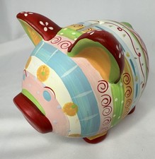 Hand Painted Ceramic Piggy Bank – Colourful Striped Pig Money Box 6” Cute Gift