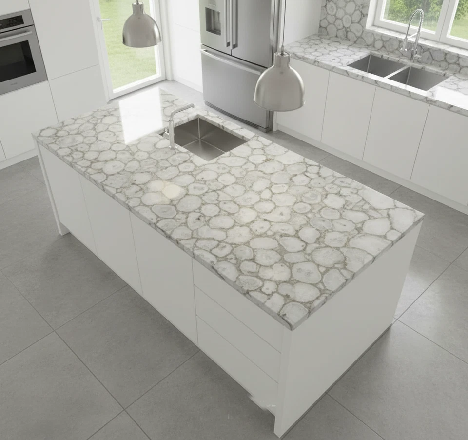 White Agate Modern Kitchen Island Top – Luxury Gemstone Countertop | Handcrafted - Image 3 of 4