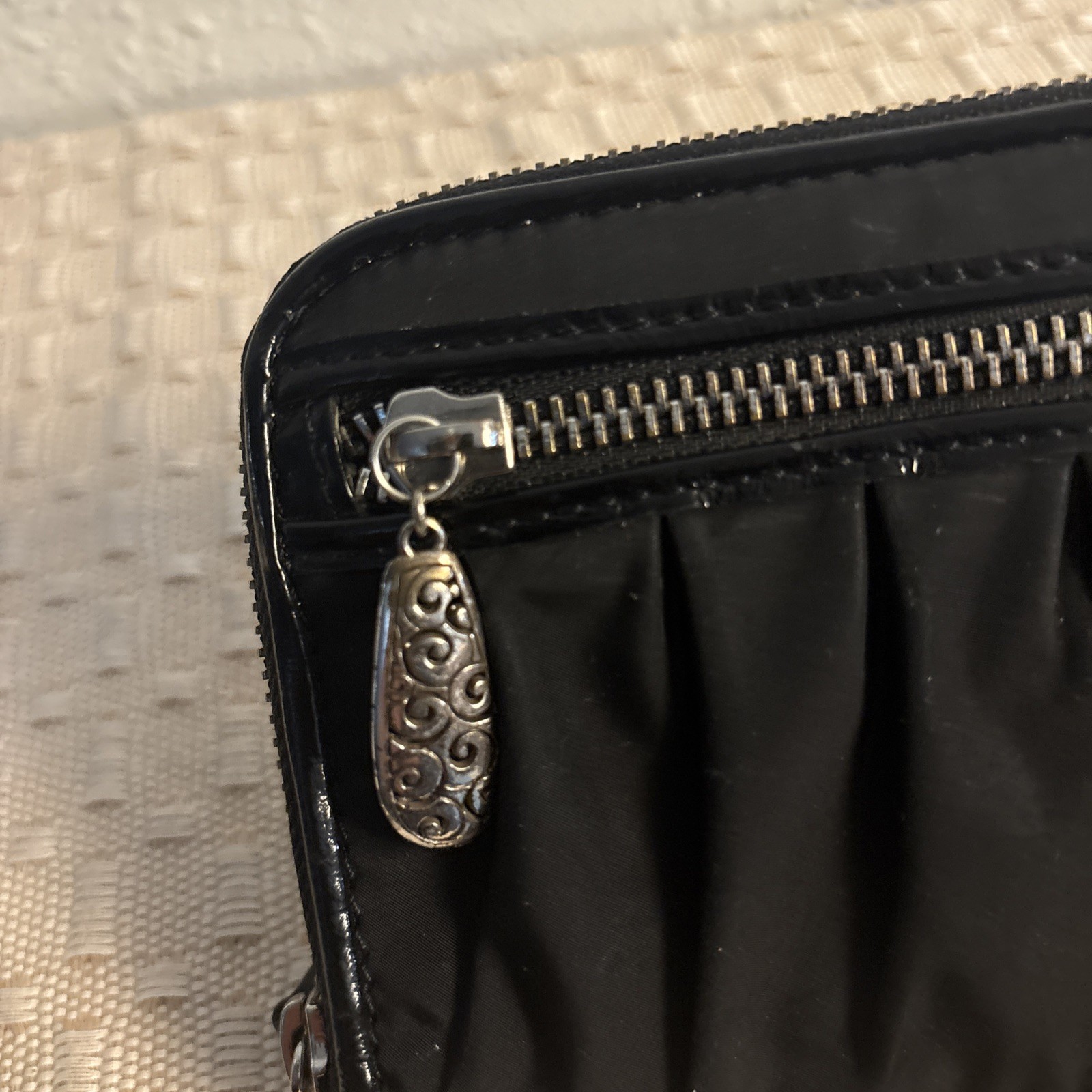 Vintage Black Cloth Leather BRIGHTON Zip-Around Wallet Silver Tone Hardware