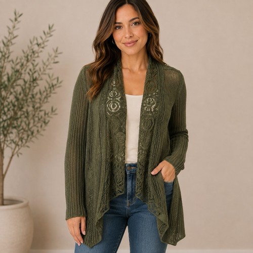 Chicos Travelers Open Cardigan Size 2 Large Green Sheer Light Weight 3/4 Sleeve