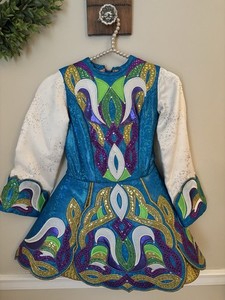 Traditional Girls Paneled Irish Dance Dress Blue Purple Gold Sparkly