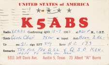 1958 QSL: K5ABS – Albert (Al) Burns – 5311 Jeff Davis Avenue – Austin, Texas