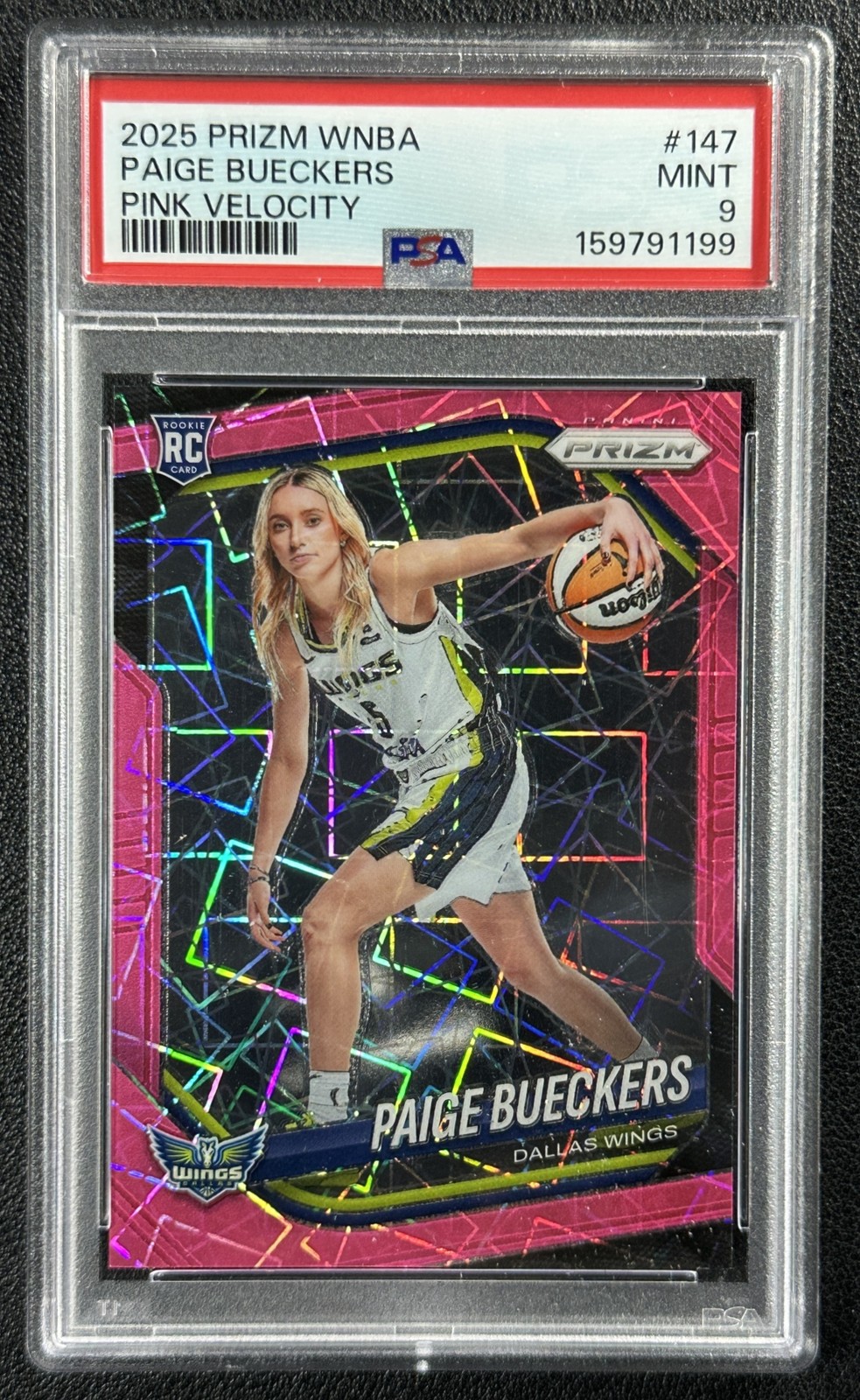 PAIGE BUECKERS PSA 9 2025 PANINI WNBA PRIZM #147 ROOKIE PINK VELOCITY RC 23/79