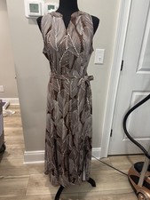 Talbots Jersey Shirtdress Linear Palms Neutral Boho Tie Packable Brown Medium