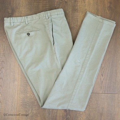 Thom Sweeney IT 50 Sage Green Cotton Pleated Casual Chino Trousers Made in Italy