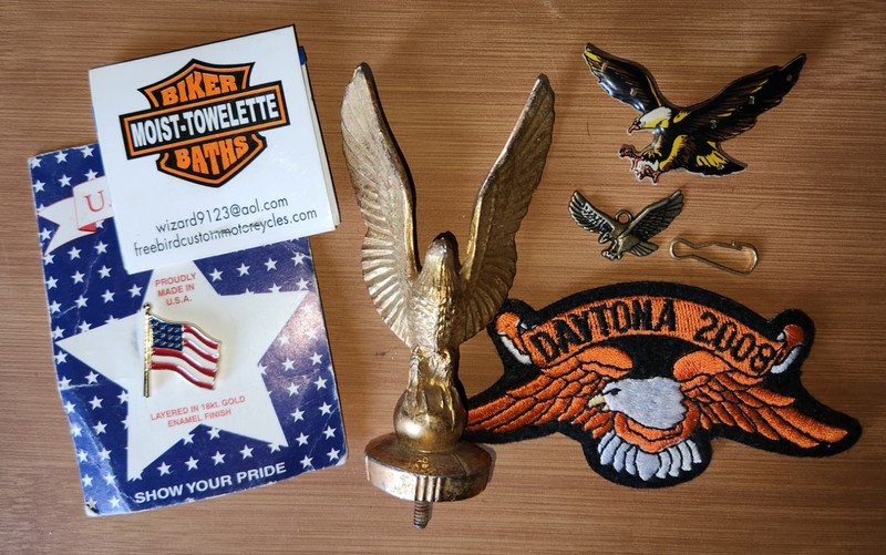 LOT OF 6 VARIOUS VTG USA FLAG PIN EAGLE PIN FREEDOM DAYTONA PATCH ITEMS