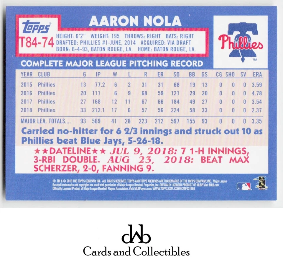 2019 Topps #T84-74 Aaron Nola 1984 Topps Baseball 35th Anniversary - Image 2 of 2