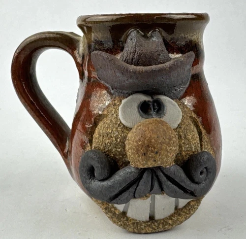 Vintage Studio Art Pottery 3D Cowboy Face Stoneware Miniature Mug 3”H Mini