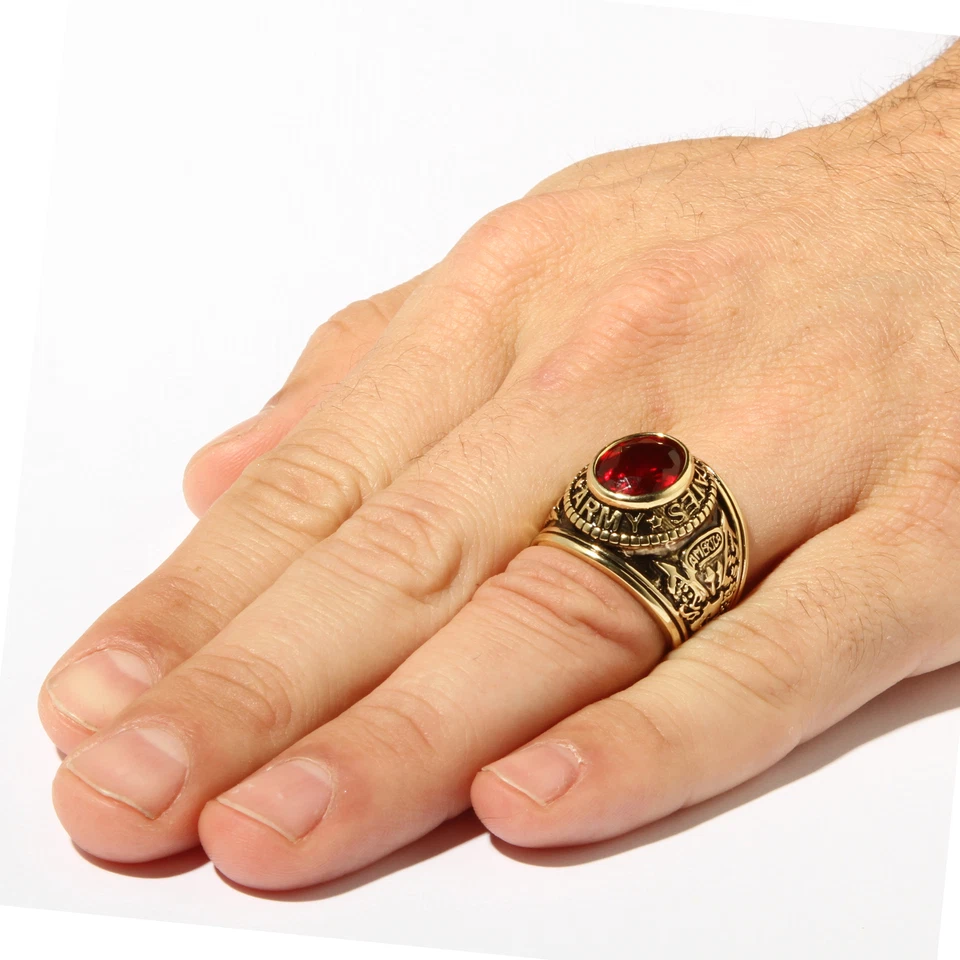 Men's 6 TCW Oval-Cut Simulated Red Ruby Yellow Gold-Plated Army Ring - Image 3 of 4