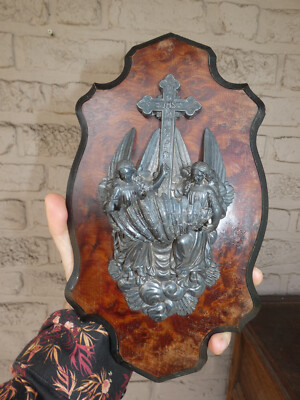 Antique french metal / wood holy water font angels crucifix plaque rare