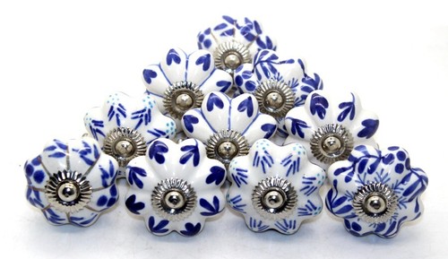 10 Pcs Ceramic Kitchen Cabinet Door Drawer Pulls White With Blue Knob 38 mm - Picture 3 of 10