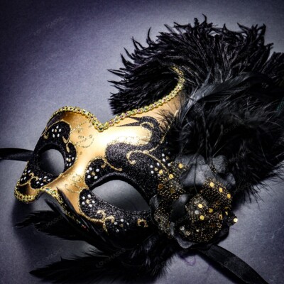 Ostrich feather Venetian Masquerade Costume Eye Mask Glitter Swan Black Gold  | eBay