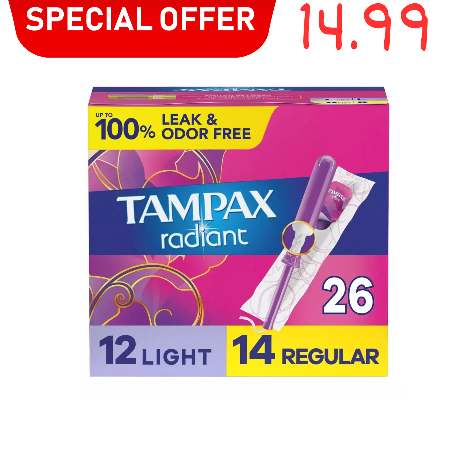 Tampax Radiant 12 Light & 14 Regular Absorbency | 26 Duo-Pack Tampons