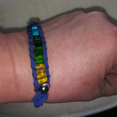Ocean themed Crystal bead, leather-wrapped Bracelet. Ombre.