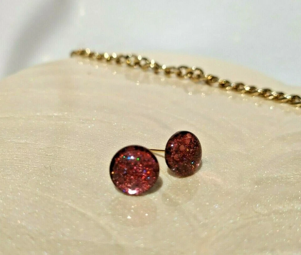 Ohrstecker Cabochon Rot Kupfer Glas Handgemacht Ohrringe Nickelfrei Glitzer 86 - Bild 2 von 4