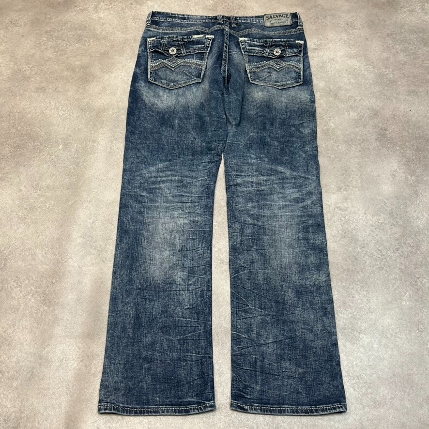Salvage Denim Jeans Mens 34" Straight Fit Wide Leg Vintage Pants, Washed Blue image 2