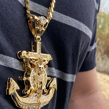 18K Gold Plated Huge Mariners Anchor Cross Jesus Cuban Chain Flooded Out CZ 30"