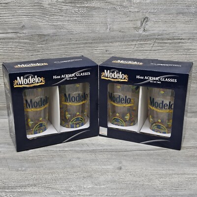 Cerveza Modelo 16oz Acrylic Beer Glasses Lot Of 2 Sets Clear Logo Bar Man Cave
