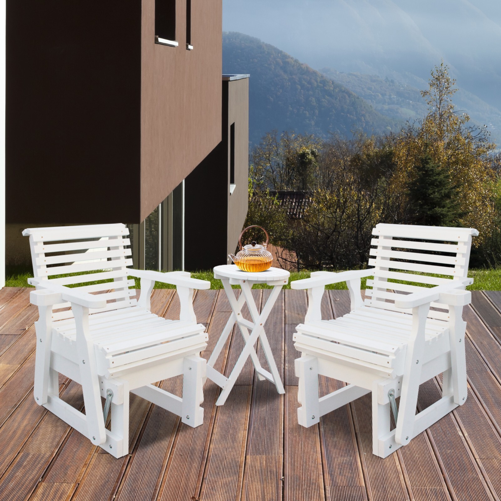 Beneouya 3PCS-Outdoor Wooden Glider Chair with Table, White