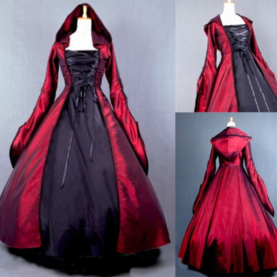 Medieval Queen Hooded Long Dress Women Victorian Skirt Fancy Dress Party@