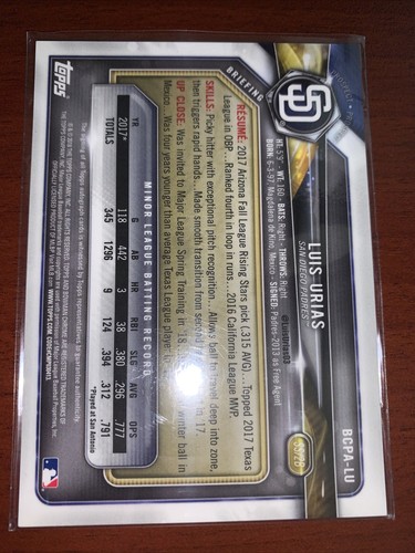 2018 Bowman Chrome Purple Refractor Auto Luis Urias 38/250 Milwaukee Brewers - Picture 2 of 2