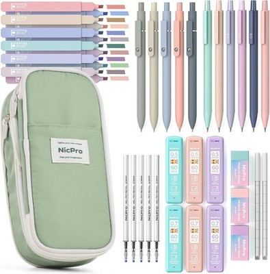 Nicpro 39 Stück Schulsachen mit Mäppchen, 5 Gelstifte, 12 Pastell Textmarker, 6 