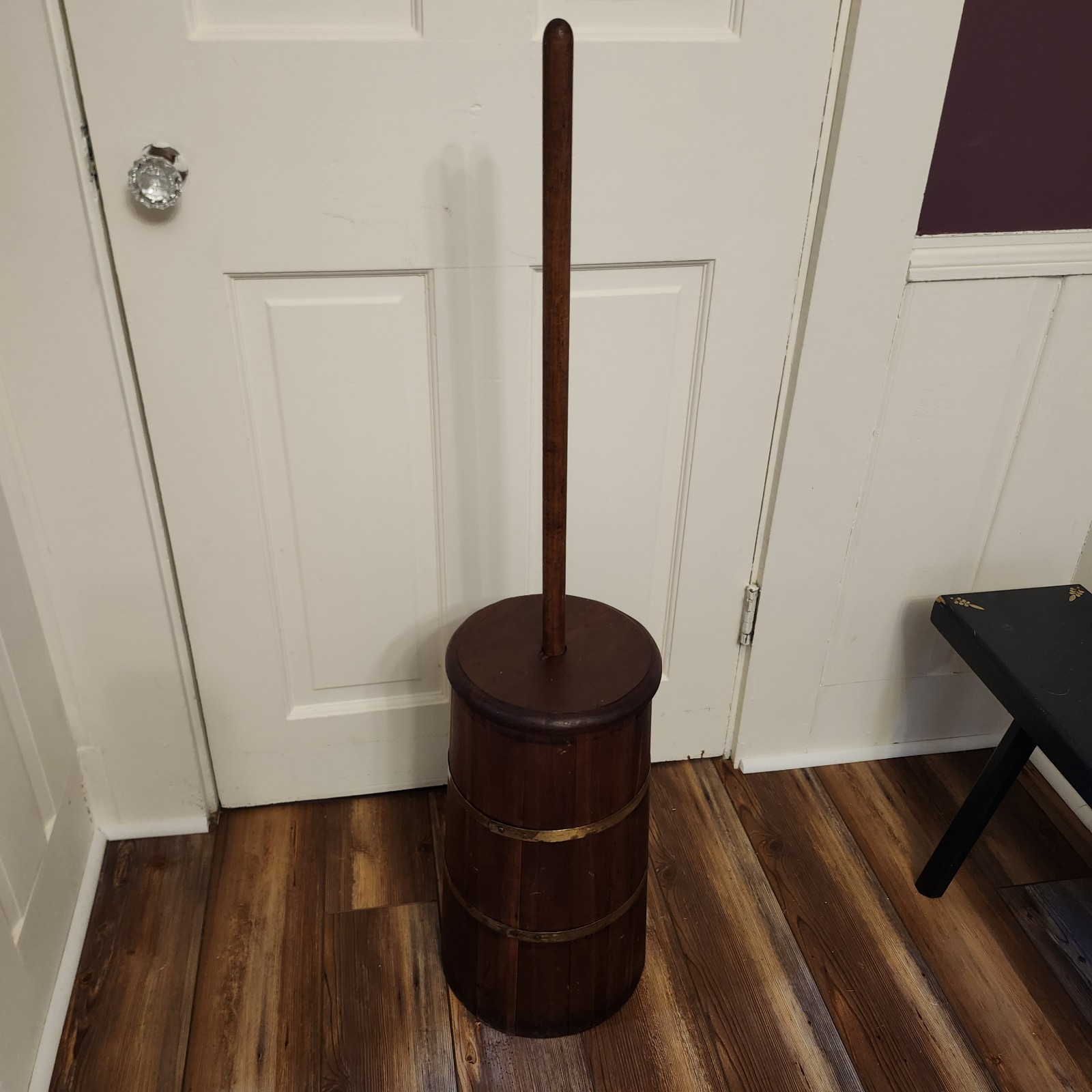 Vintage Wooden Butter Churn, with Dasher & Lid, Barrel Style Dark Finished  Read