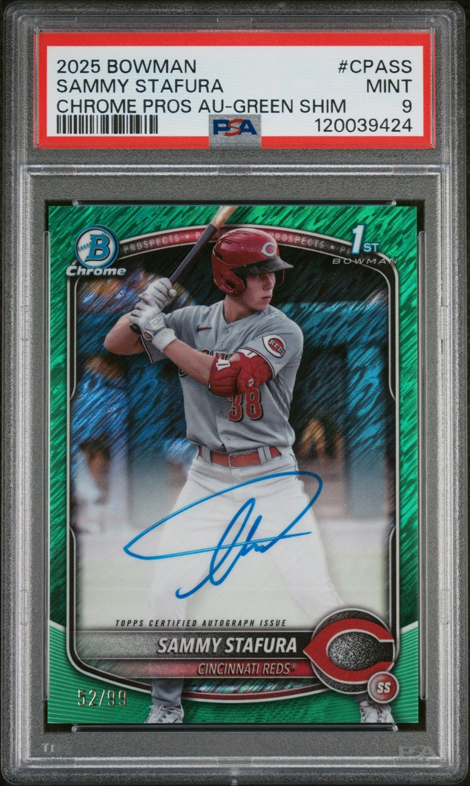 2025 Bowman Sammy Stafura 1st Chrome Auto #CPA-SS Green Shimmer /99 - PSA 9