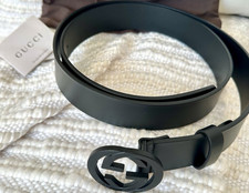 Gucci Men’s Black Dress Belt Adjustable Interlocking GG Logo Buckle Size 44