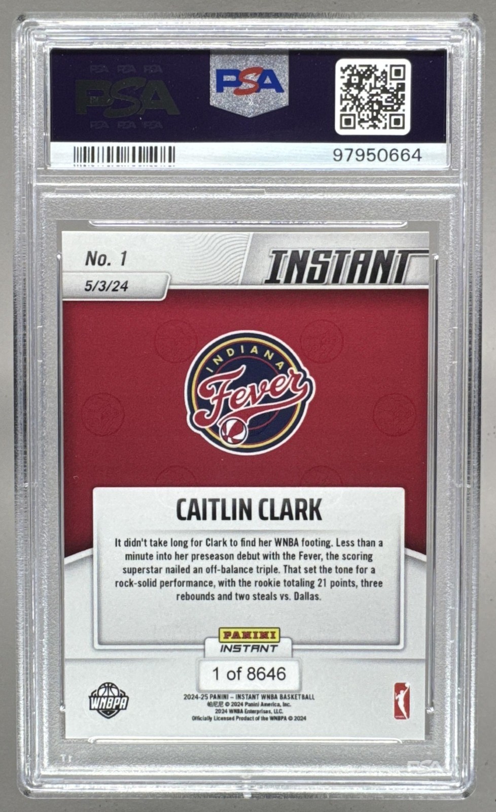 97950664 Caitlin Clark 2024 Panini Instant WNBA #1 Rookie RC PSA 10 view 2