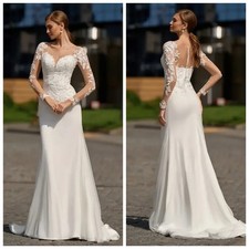 Lace Appliques Wedding Dress Beach Long Sleeve Mermaid Sweep Train Bridal Gowns