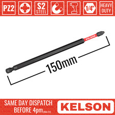 1 x PZ2 150mm 6" Extra Long Pozi 2 Impact Screwdriver Bit 1/4" Magnetic KELSON