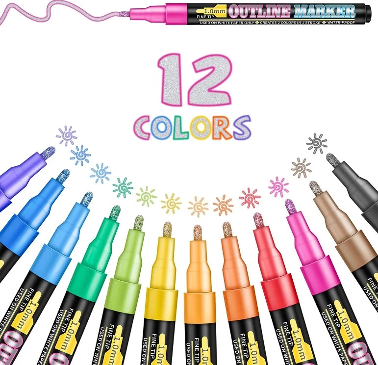 Double Line Outline Pens, 12 Colors Self Outline Metallic