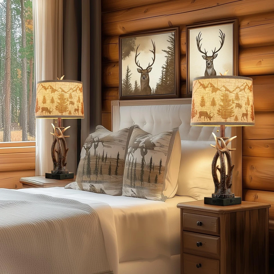 Juego de 2 lámparas de mesa rústicas occidentales con cuerno de ciervo de granja con U... Foto 4 de 4