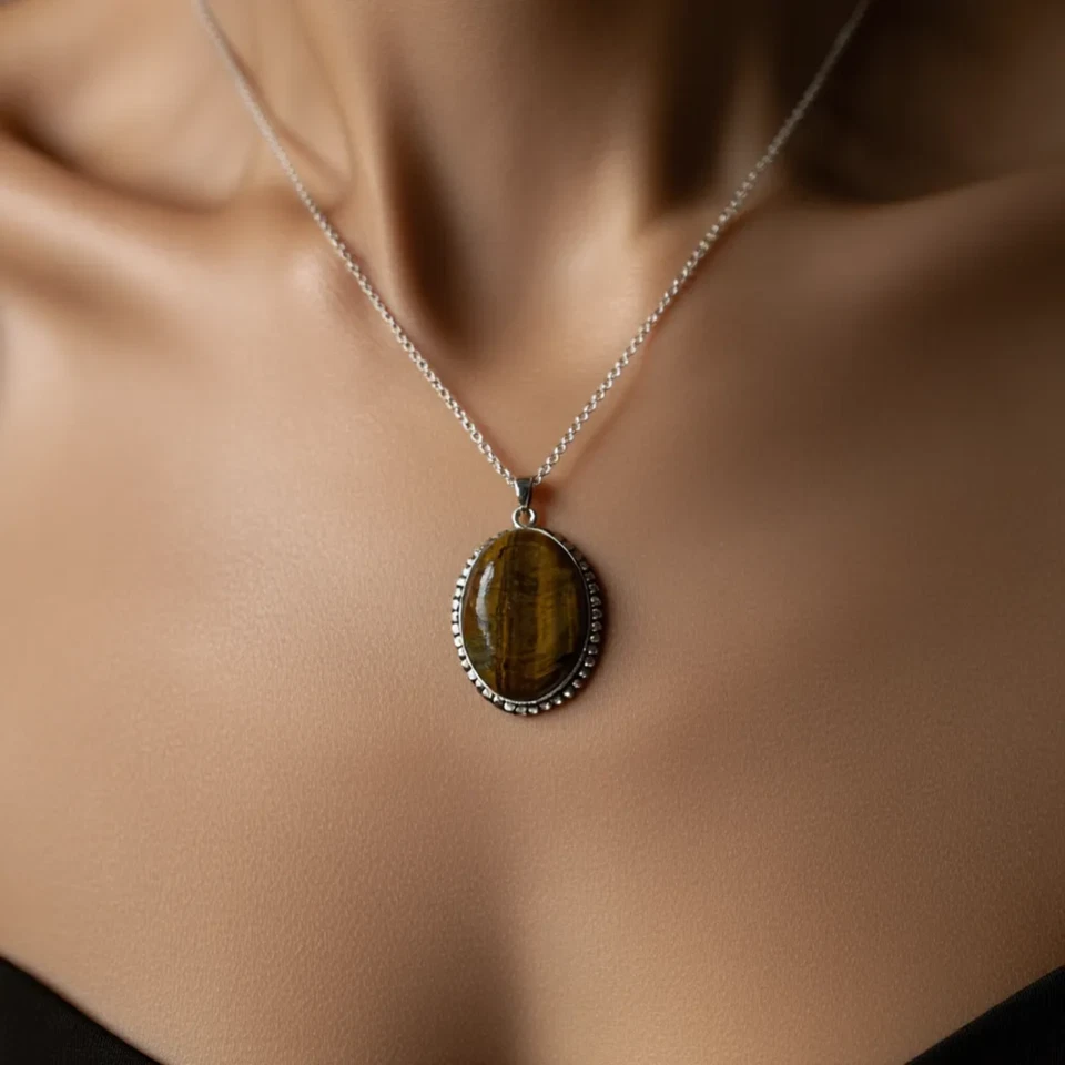 Ожерелье с овальной подвеской ручной работы с серебряным покрытием и драгоценными камнями тигровый глаз с бесплатной цепочкой - Изображение 3 из 4