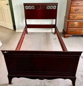 Antique French Carved Walnut and Upholstered Twin Bed with Asian Figural Fabric
