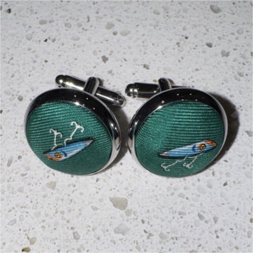 Fishing Lure Cufflinks Men’s Bullet Back Green Silver Round Fabric Metal