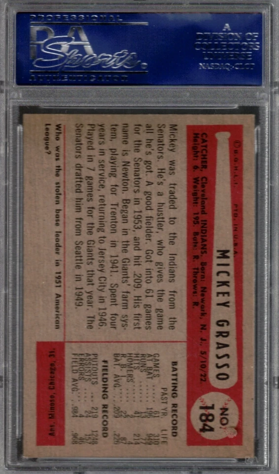 1954 BOWMAN #184 MICKEY GRASSO PSA NM-MT 8 - Image 2 of 2
