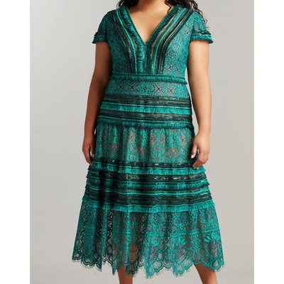 Tadashi Shoji Nisa Lace Fringe Midi Dress Herbal Green Size 14