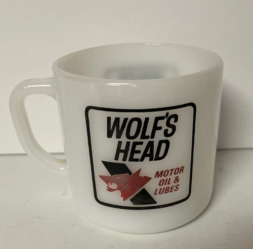 VINTAGE FEDERAL MILK GLASS HEAT PROOF ADVERTISING MUG(S)..WOLF'S HEAD MOTOR OIL
