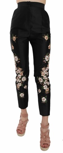 Dolce \u0026 Gabbana Black Silk Floral Embroidered Trousers Slim Pants - IT40|S