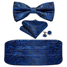 Men Cummerbund Bow Tie Set Floral Blue Black Silk Pre-Tied Bowtie Handkerchie...