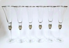 NEW SET OF 6 SILVER RIM,SPARKLING CRYSTALS+CLEAR CHAMPAGNE,FLUTE+STEM GLASS