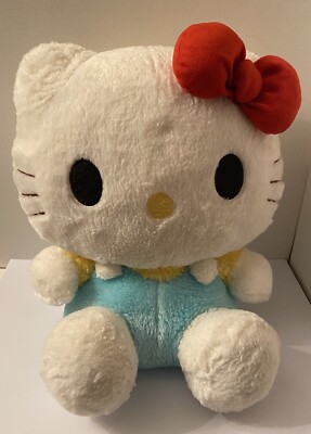 Seltenes großes Hello Kitty blau gelb Stofftier rote Schleife 