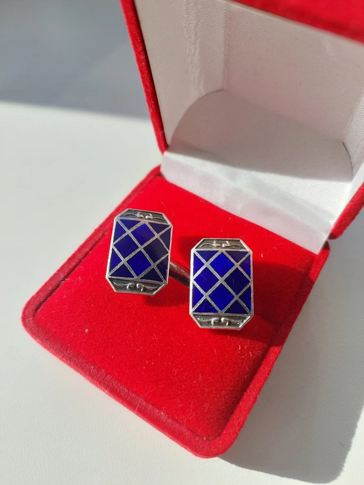 Винтажные советские запонки синяя эмаль посеребренные Lenemalier СССР - Изображение 2 из 4