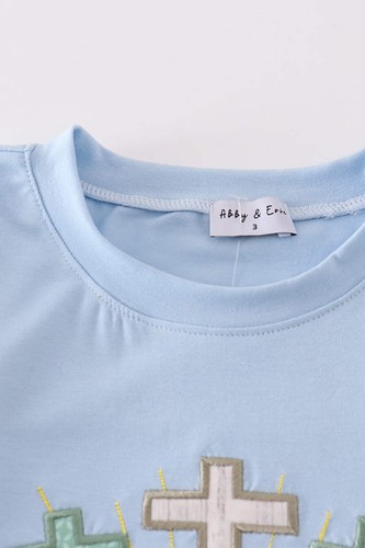 Boy's Boutique Blue Easter Cross He Is Risen Applique Gingham 2 Piece Outfit Set - Picture 2 of 8