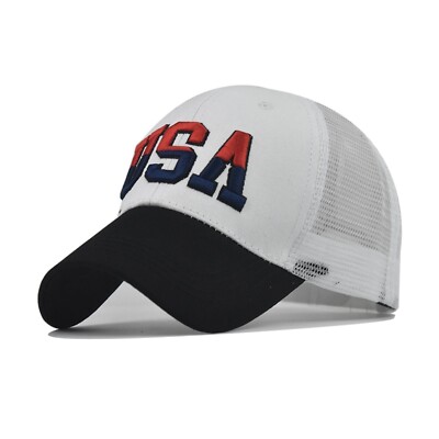 USA Embroidered Low Profile Baseball Cap -White Top, Black Brim-Trucker Cap, Hat
